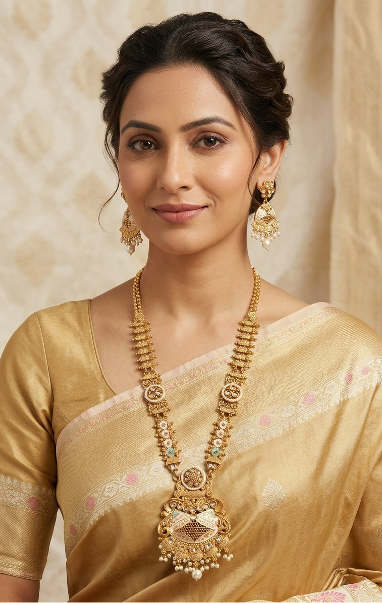 Maharani Long Necklace with Royal Pendant in Pastel Colour