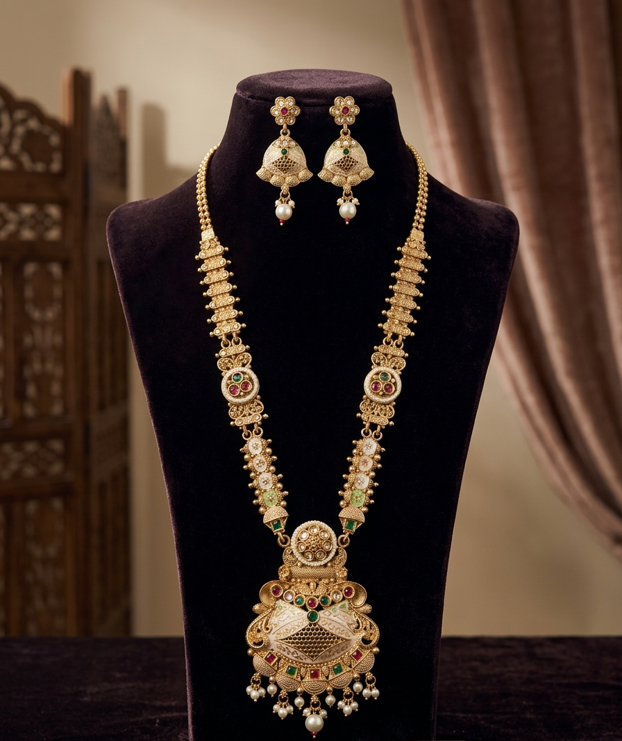 Maharani Long Necklace with Red and Green Meenakari