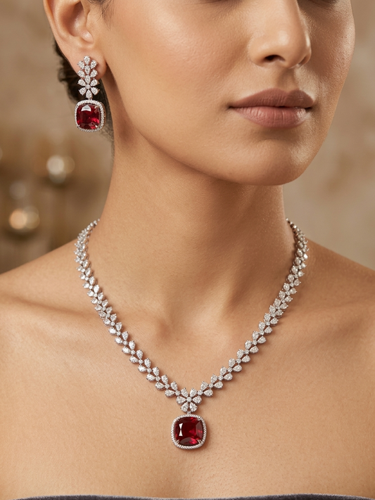 Elegant American Diamond Ruby Studded Pendant Necklace