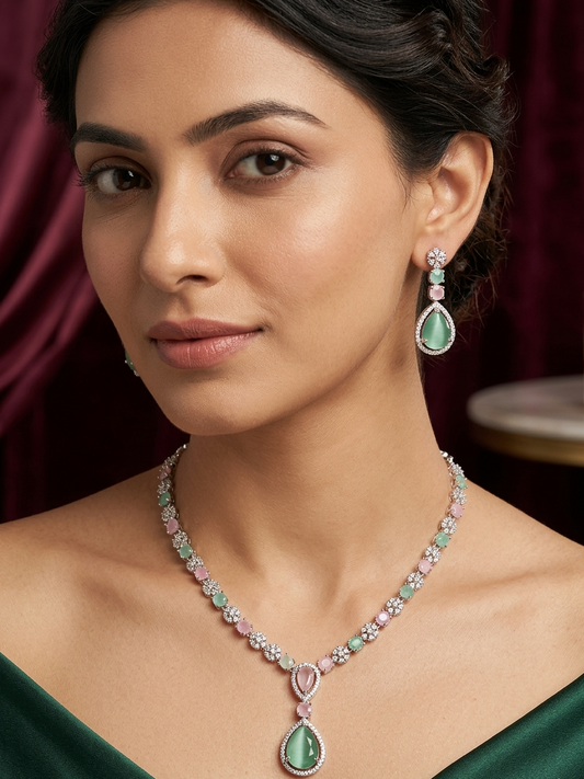 Pink And Green Zircona Studded Necklace Set