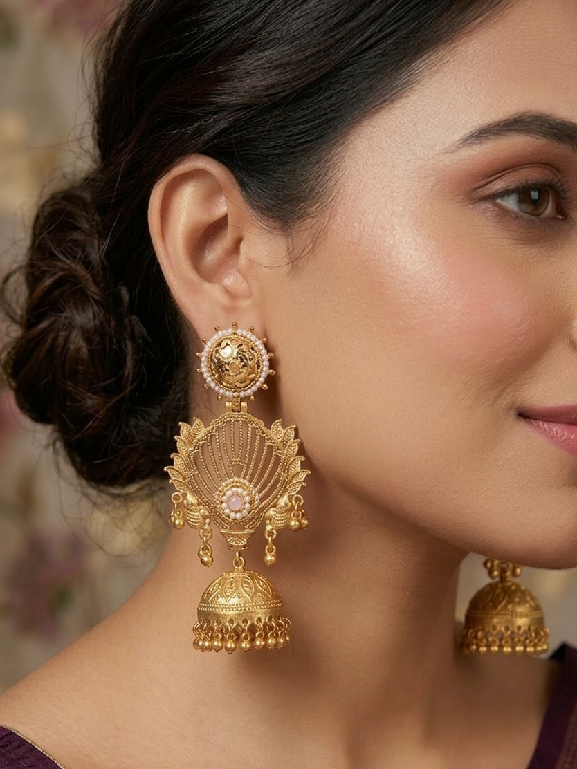 Kundan Pearl Peacock Jhumka Earrings