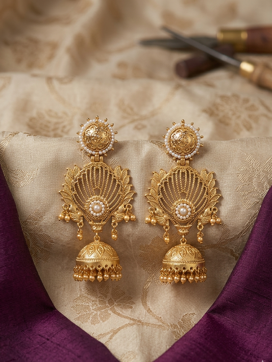 Kundan Pearl Peacock Jhumka Earrings