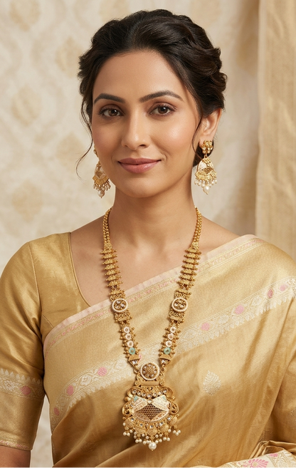 Maharani Long Necklace with Royal Pendant in Pastel Colour