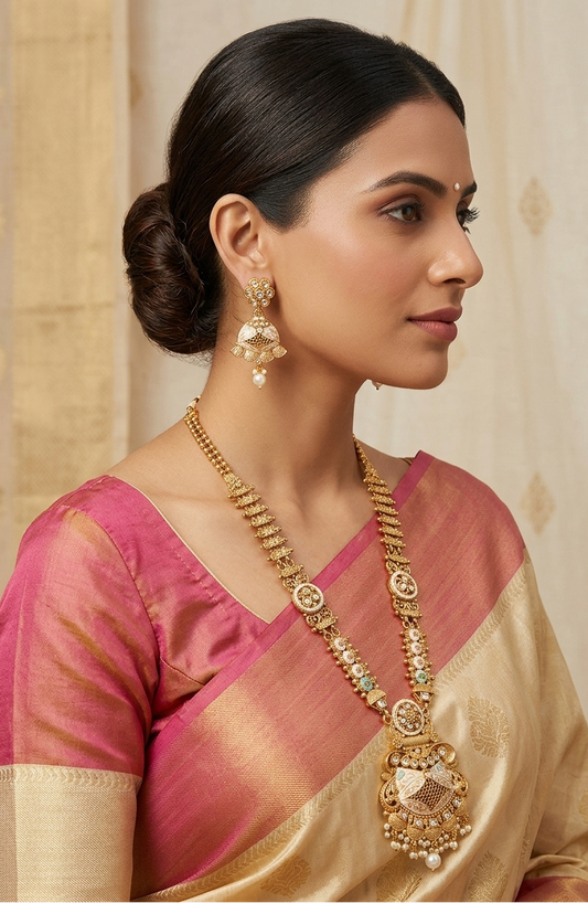 Maharani Long Necklace with Royal Pendant in Pastel Colour