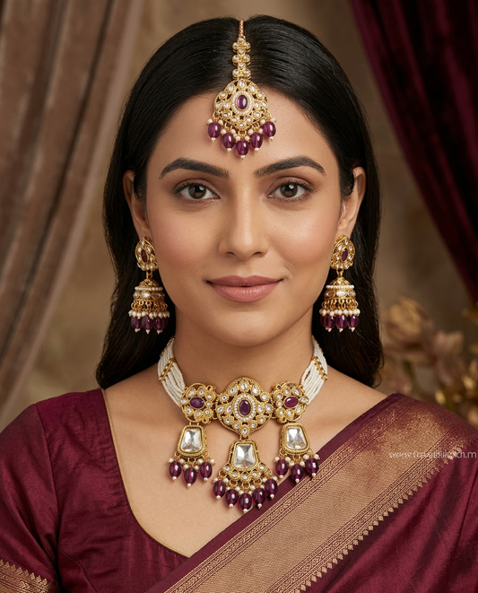 The Sparkling Night - Stone, Beads And Pearls Hand Embroidered Neckpiece