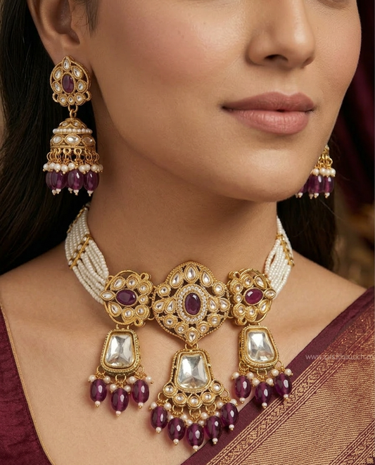 The Sparkling Night - Stone, Beads And Pearls Hand Embroidered Neckpiece