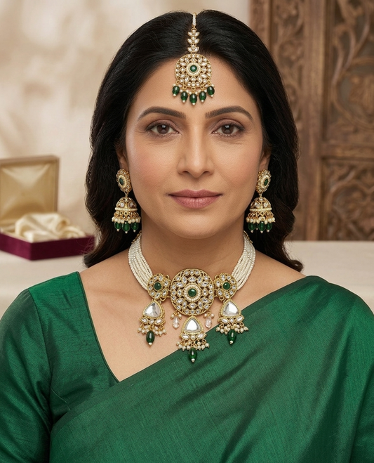 Emerald Green Stone, Kundan & Cubic Zirconia Statement Necklace Set