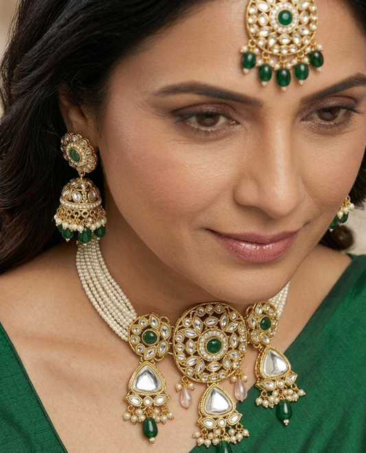 Emerald Green Stone, Kundan & Cubic Zirconia Statement Necklace Set