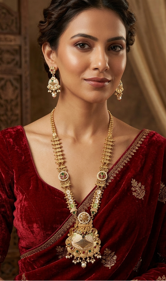 Maharani Long Necklace with Red and Green Meenakari