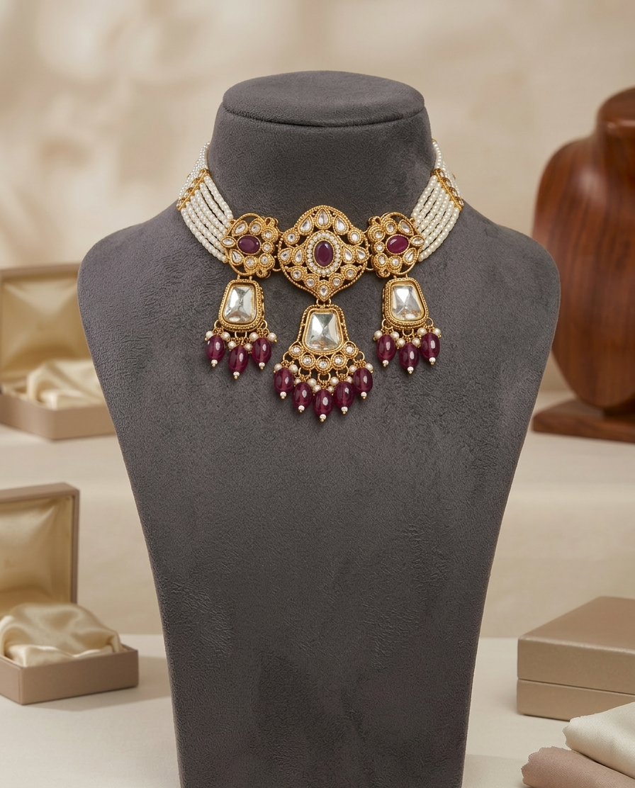 The Sparkling Night - Stone, Beads And Pearls Hand Embroidered Neckpiece