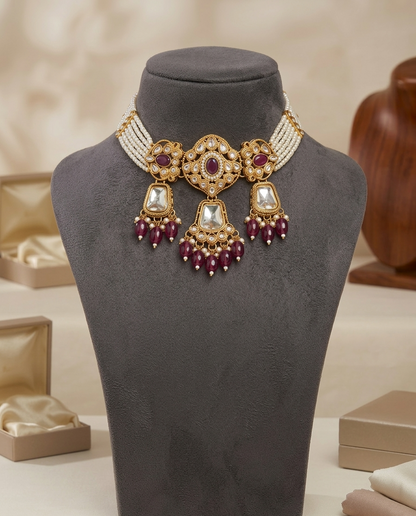 The Sparkling Night - Stone, Beads And Pearls Hand Embroidered Neckpiece