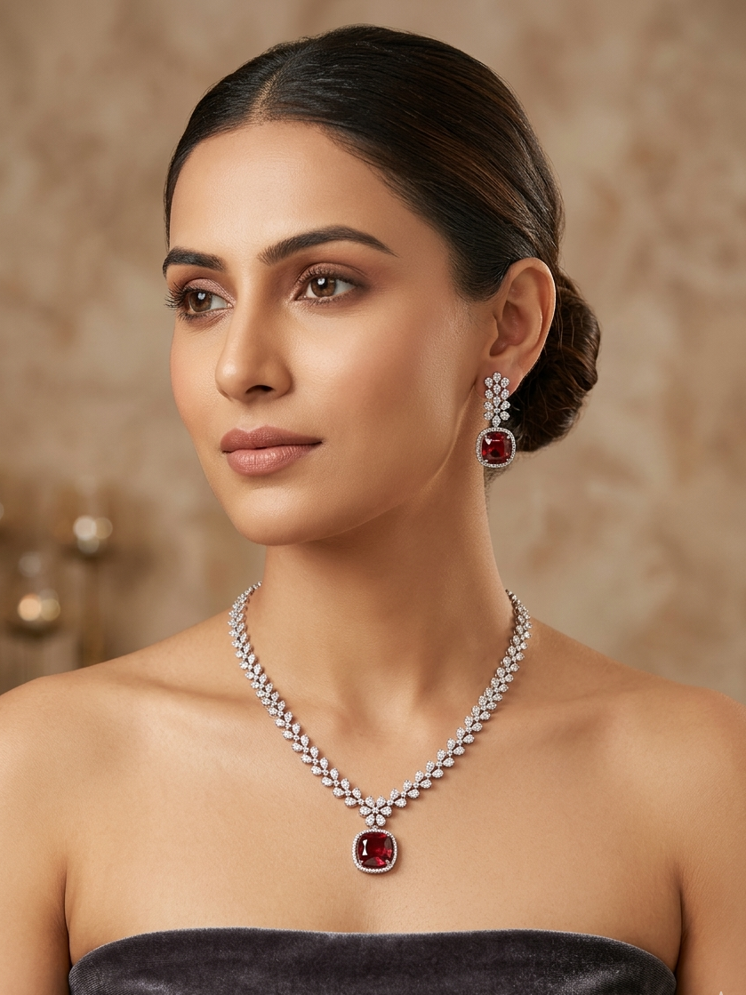 Elegant American Diamond Ruby Studded Pendant Necklace