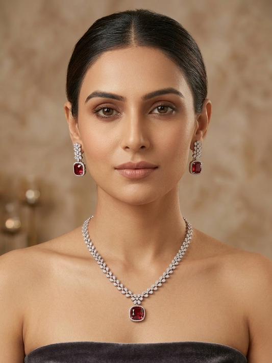 Elegant American Diamond Ruby Studded Pendant Necklace