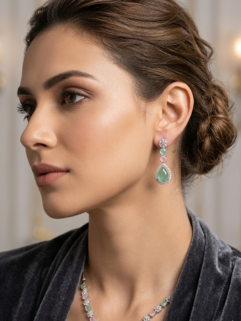 Pink And Green Zircona Studded Necklace Set
