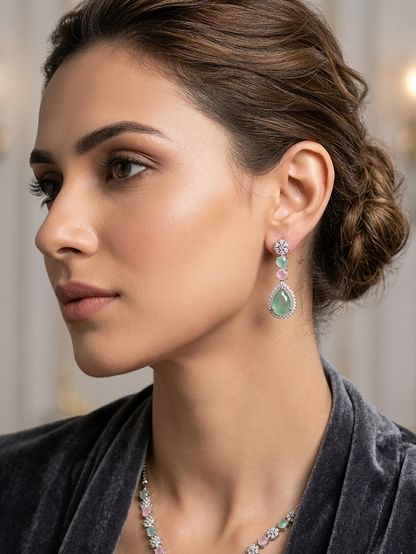 Pink And Green Zircona Studded Necklace Set