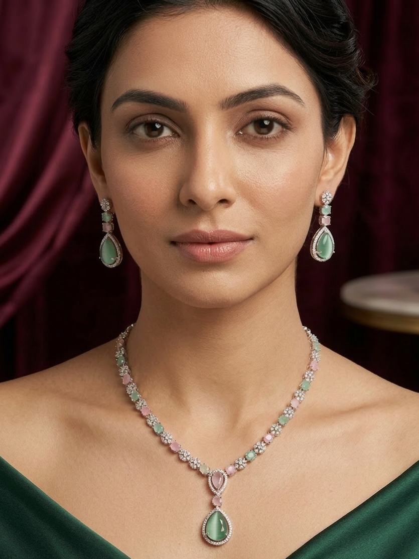 Pink And Green Zircona Studded Necklace Set