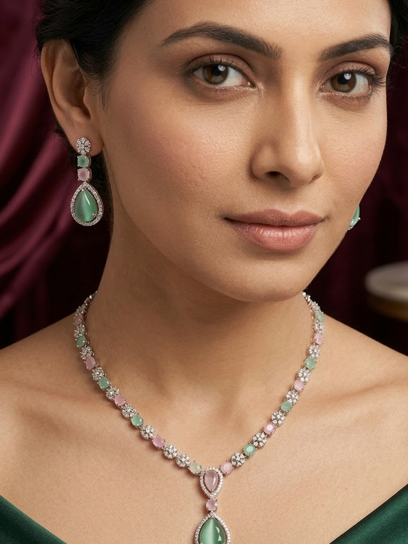 Pink And Green Zircona Studded Necklace Set
