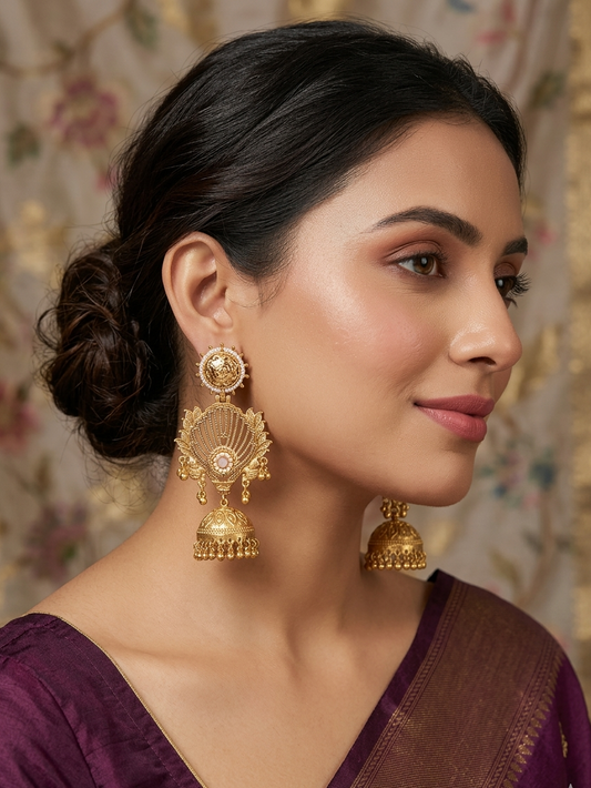 Kundan Pearl Peacock Jhumka Earrings