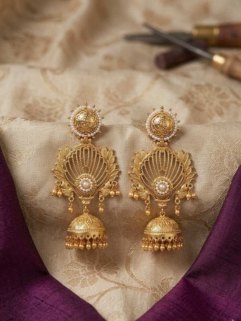 Kundan Pearl Peacock Jhumka Earrings