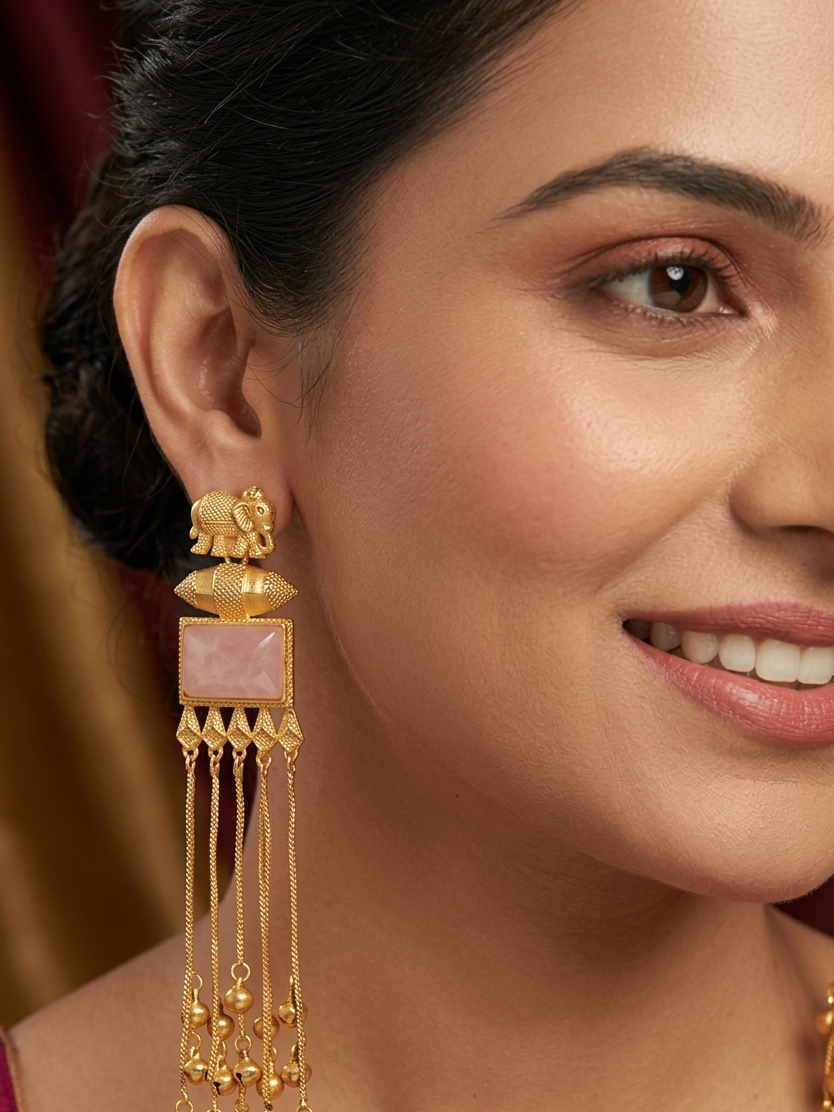 Pink Stone Kashmiri Drop Earrings