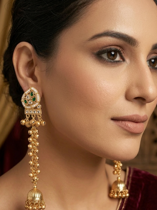 Kundan Work Kashmiri Long Chain Ghungroo Earrings