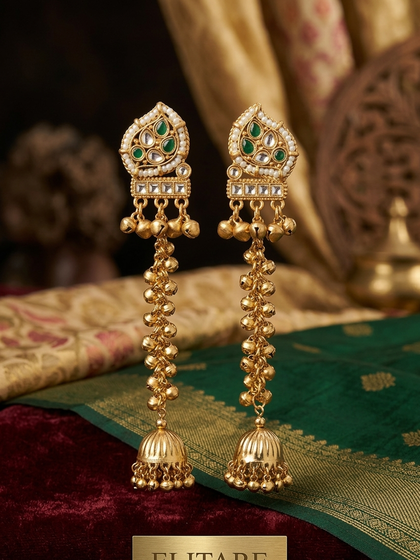 Kundan Work Kashmiri Long Chain Ghungroo Earrings